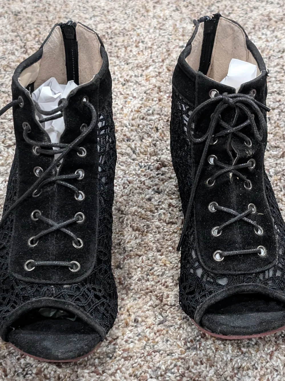 Black Lace Peep-Toe Lace-Up Ankle Boots
